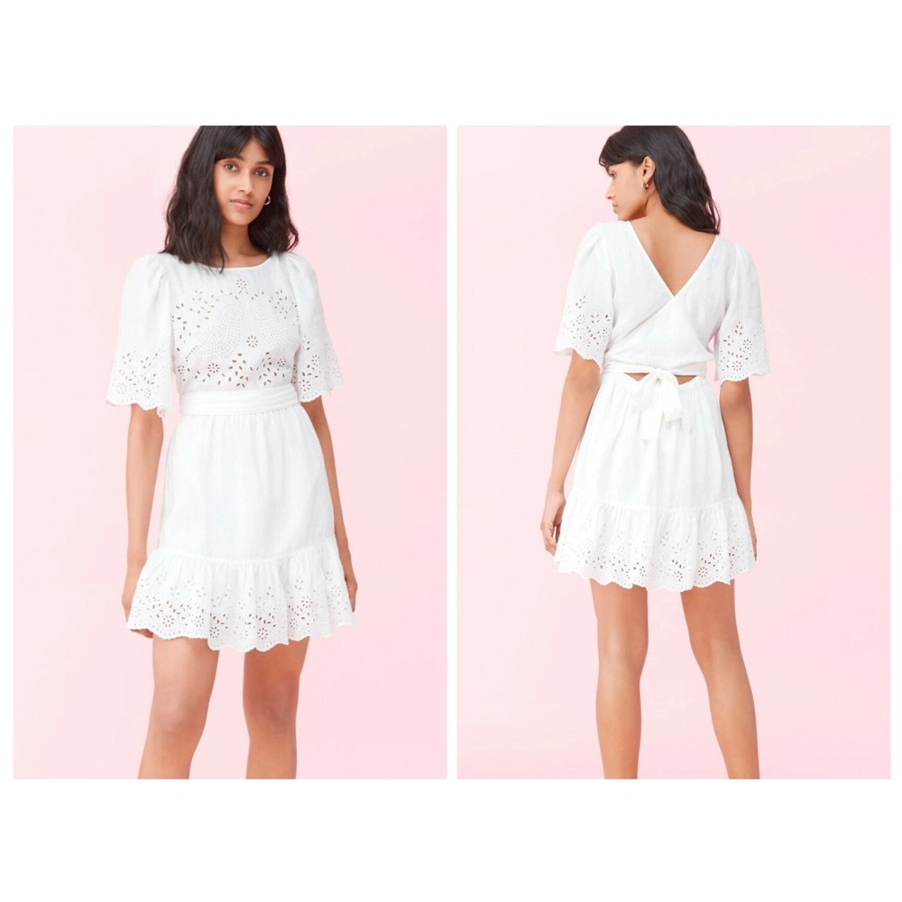 La Vie Rebecca Taylor SS Sarcelle Dress White Eyelet Linen XS 319211D180 Milk‎